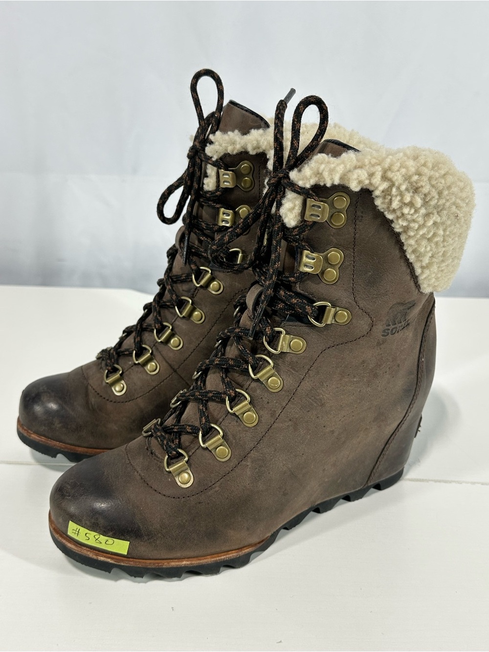 #580 Sorel Women's 9 Joan of Arctic Wedge Lexie Brown Leather Fur Lined